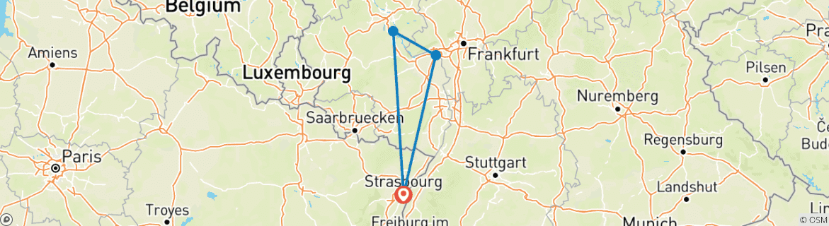 Image of a map showing the route of the tour