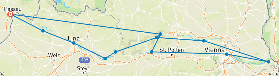 Image of a map showing the route of the tour
