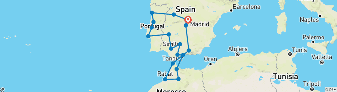 Carte du circuit 14 jours Portugal, Andalousie et Maroc