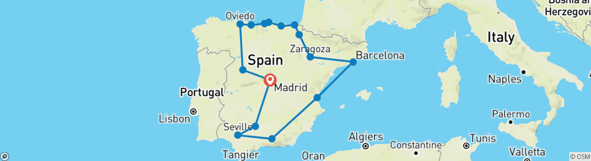 Image of a map showing the route of the tour