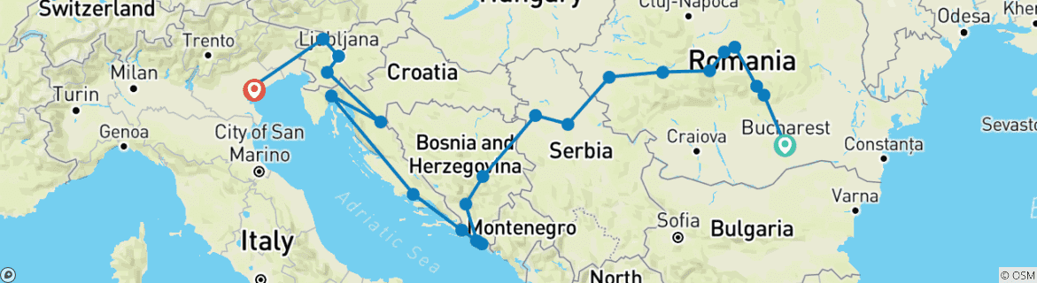 Image of a map showing the route of the tour