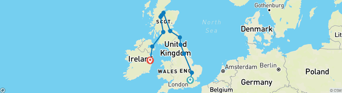 Image of a map showing the route of the tour