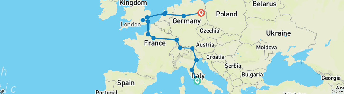 Image of a map showing the route of the tour