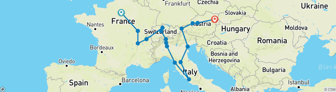Image of a map showing the route of the tour