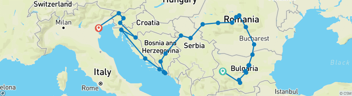 Image of a map showing the route of the tour