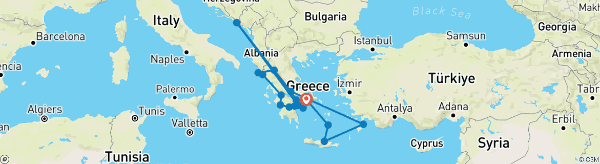 Carte du circuit Athènes, Péloponnèse, Grèce du Nord et îles grecques (18 destinations)