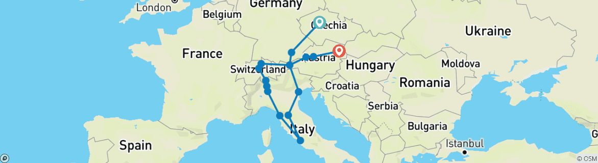 Image of a map showing the route of the tour