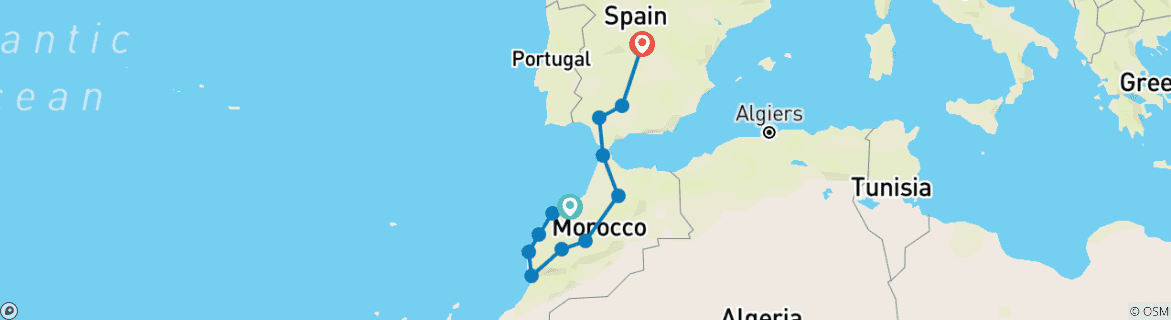 Image of a map showing the route of the tour
