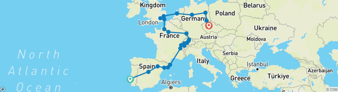 Carte du circuit Toute l'Europe (26 destinations)