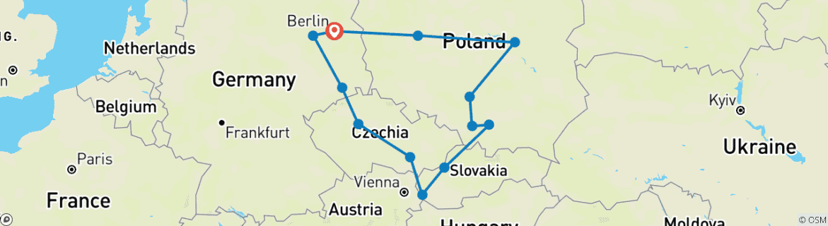 Image of a map showing the route of the tour