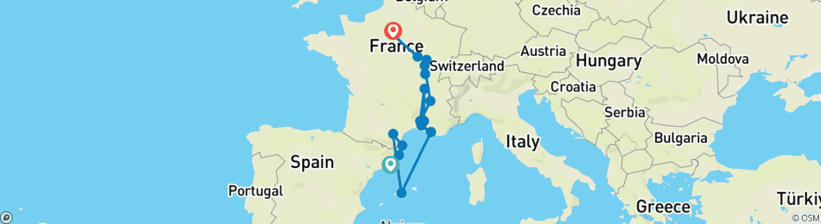 Image of a map showing the route of the tour