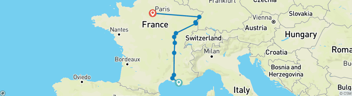 Image of a map showing the route of the tour
