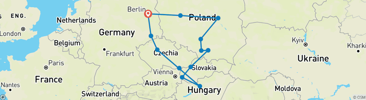 Image of a map showing the route of the tour