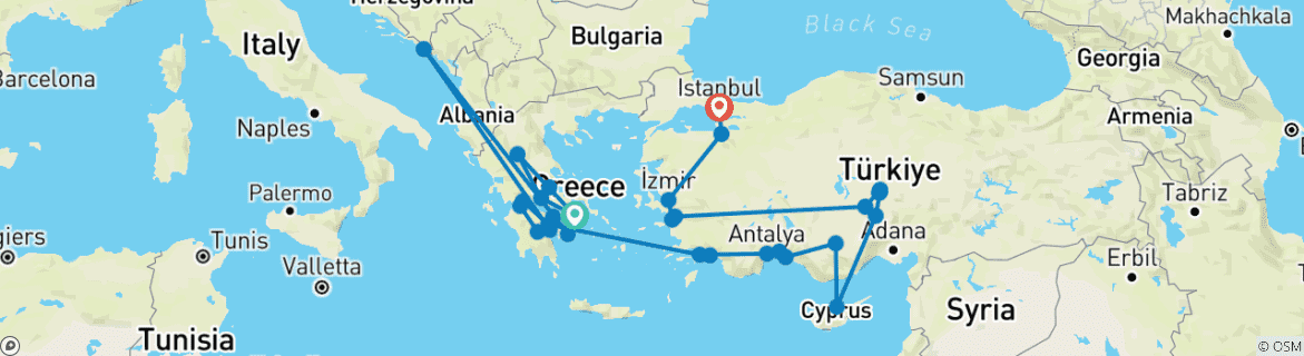 Carte du circuit Grèce complète et circuit turc