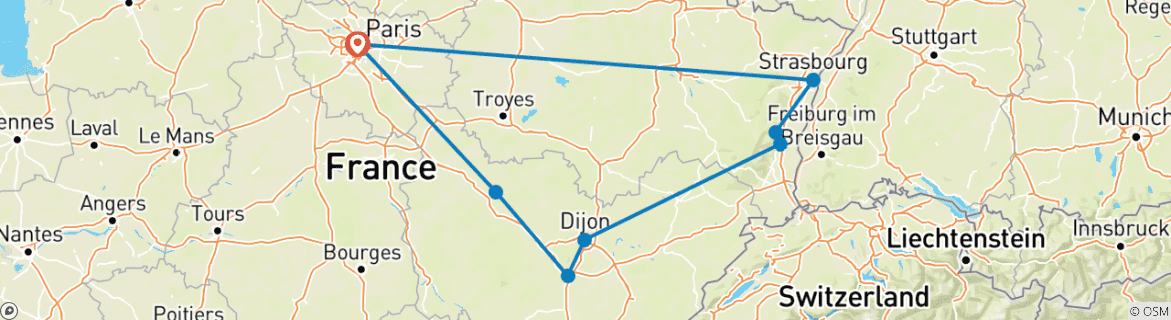 Image of a map showing the route of the tour