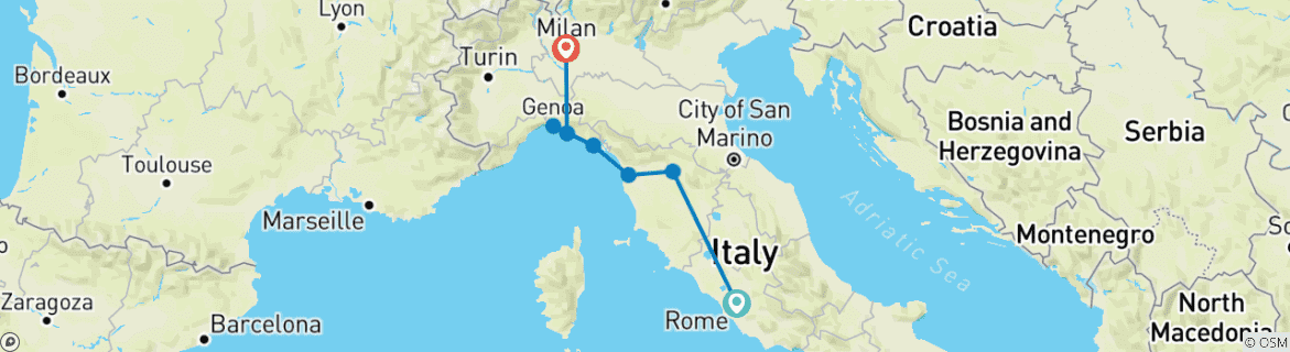 Image of a map showing the route of the tour