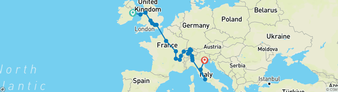 Image of a map showing the route of the tour