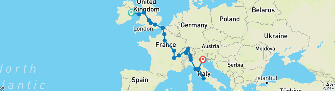 Image of a map showing the route of the tour