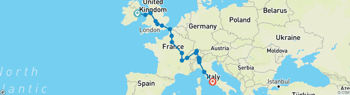 Image of a map showing the route of the tour