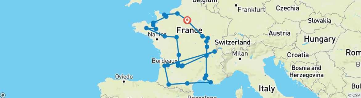 Image of a map showing the route of the tour
