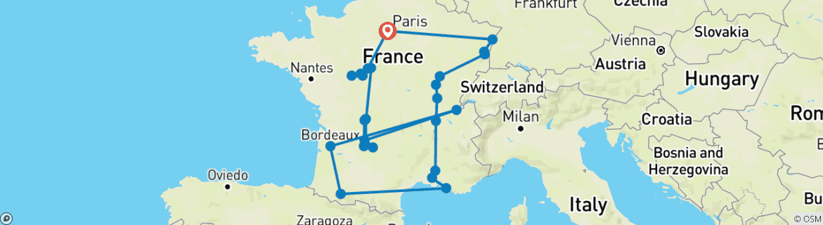 Image of a map showing the route of the tour