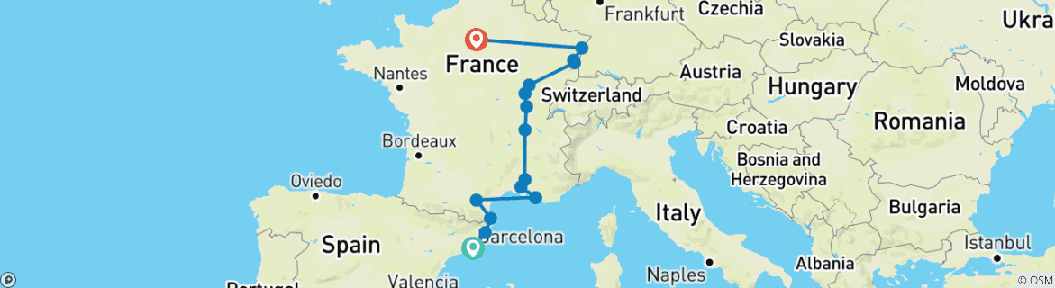 Image d'une carte montrant l'itinéraire du circuit