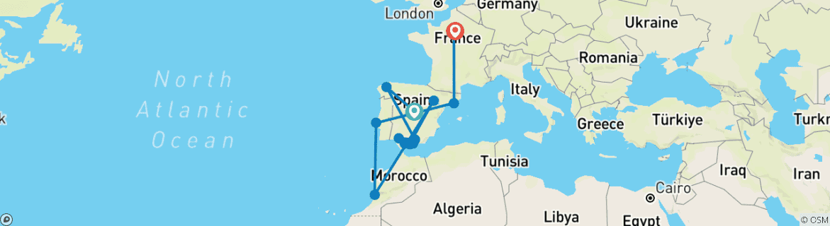 Image of a map showing the route of the tour