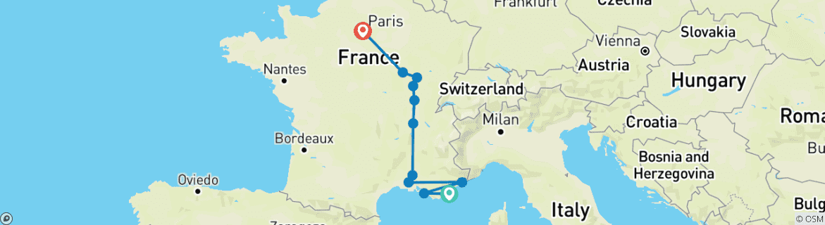 Image of a map showing the route of the tour