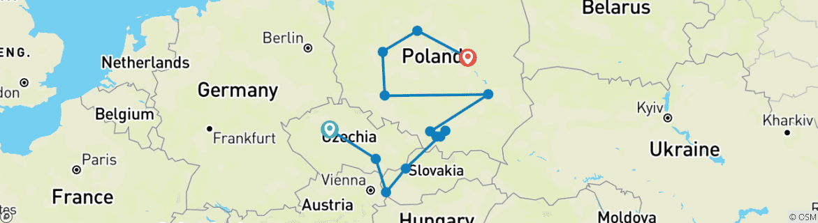 Image of a map showing the route of the tour