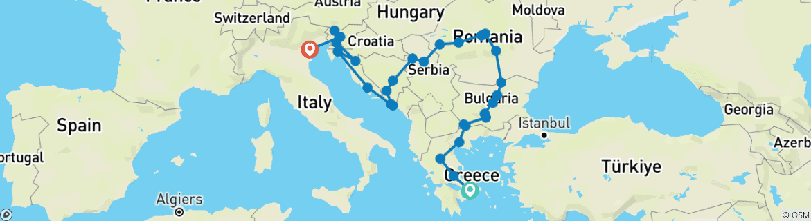 Carte du circuit Extravagance balkanique (39 destinations)