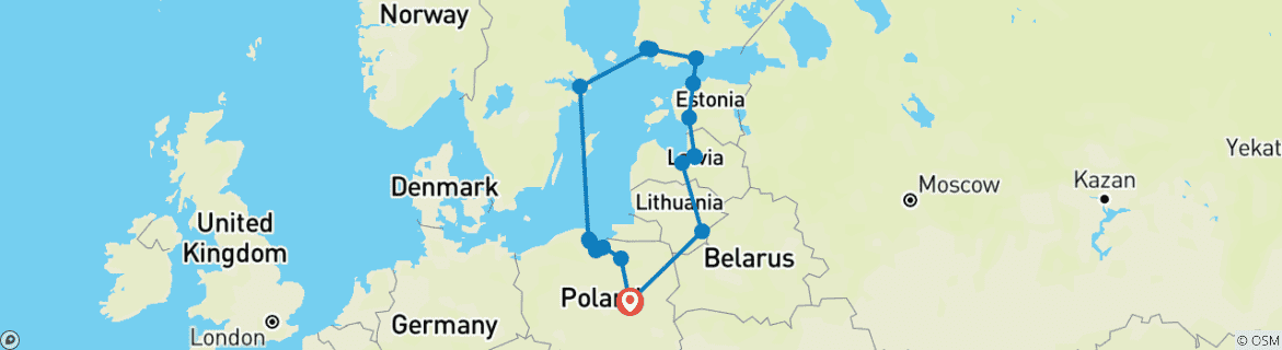 Image of a map showing the route of the tour