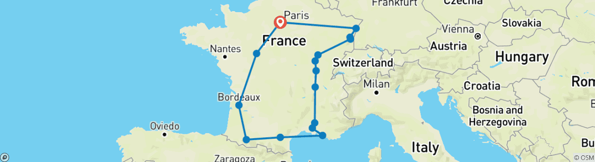 Image of a map showing the route of the tour