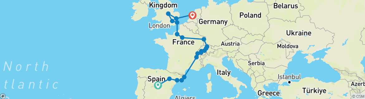 Image of a map showing the route of the tour