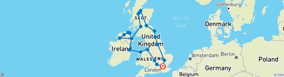 Carte du circuit Grande route britannique et irlandaise avec Londres