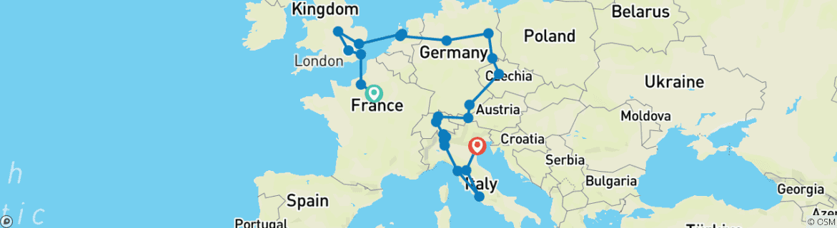 Image of a map showing the route of the tour