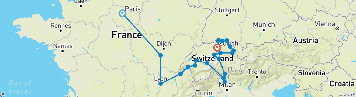 Carte du circuit France et Alpes suisses (21 destinations)