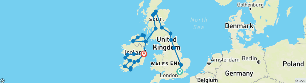 Carte du circuit Grande route britannique et irlandaise du nord au sud, se terminant à Dublin (27 destinations)
