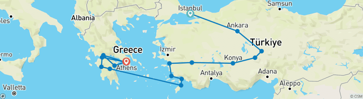 Carte du circuit La Grande Turquie, Rhodes et le Péloponnèse - Fin à Athènes