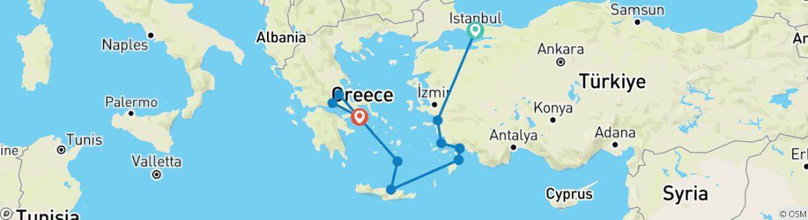 Image of a map showing the route of the tour