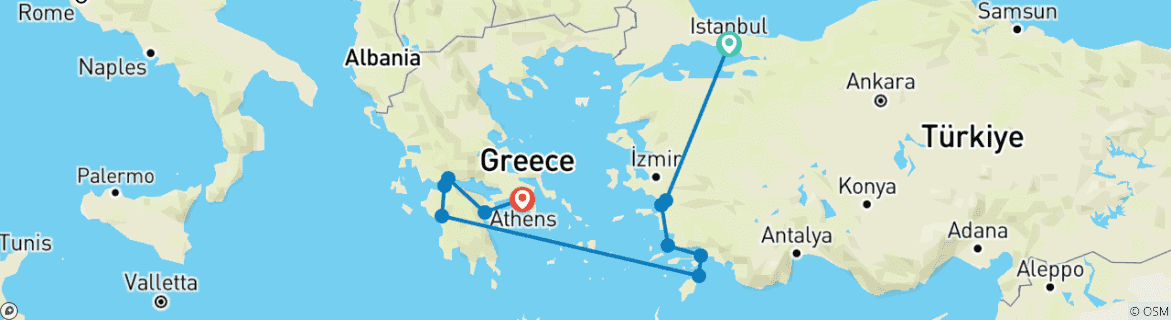 Image of a map showing the route of the tour