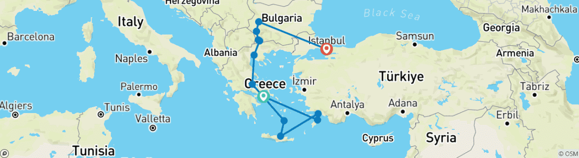 Image of a map showing the route of the tour