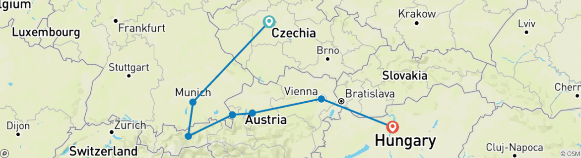 Image of a map showing the route of the tour