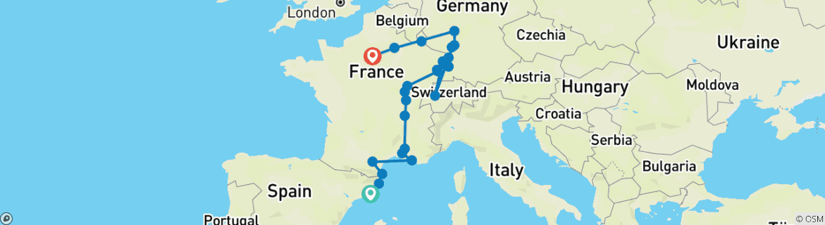 Image d'une carte montrant l'itinéraire du circuit