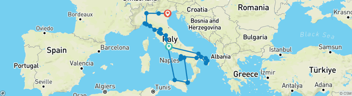 Image of a map showing the route of the tour