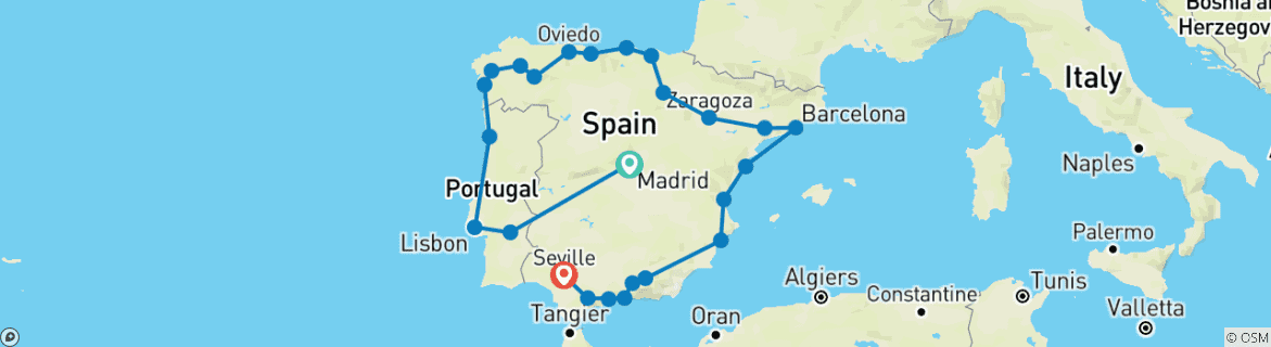 Image of a map showing the route of the tour