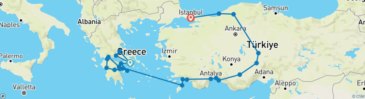 Image of a map showing the route of the tour