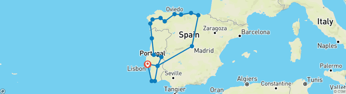 Carte du circuit Portugal complet et nord de l'Espagne jusqu'à Lisbonne (18 destinations)