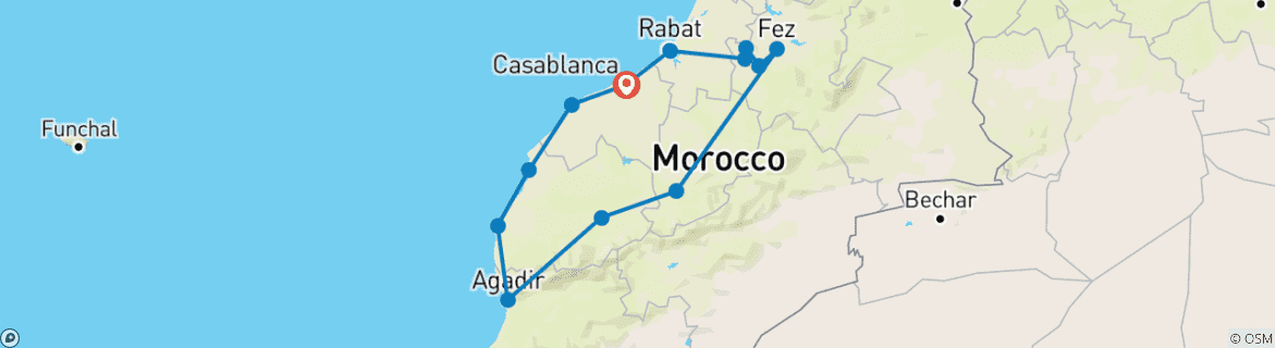 Image of a map showing the route of the tour