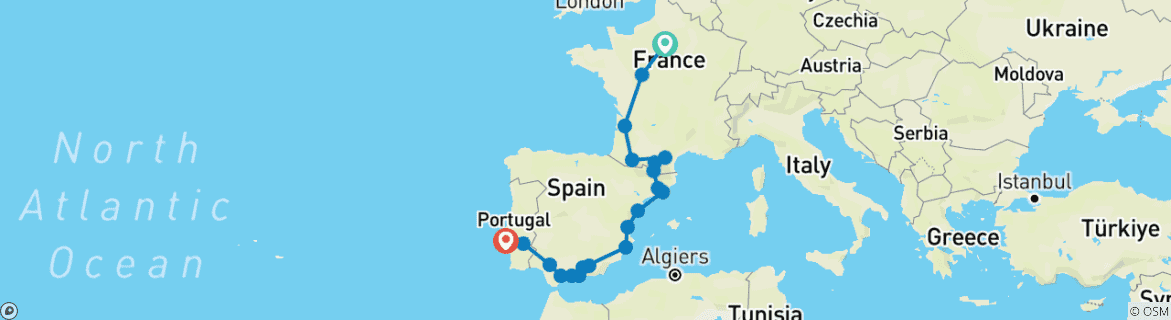 Image of a map showing the route of the tour
