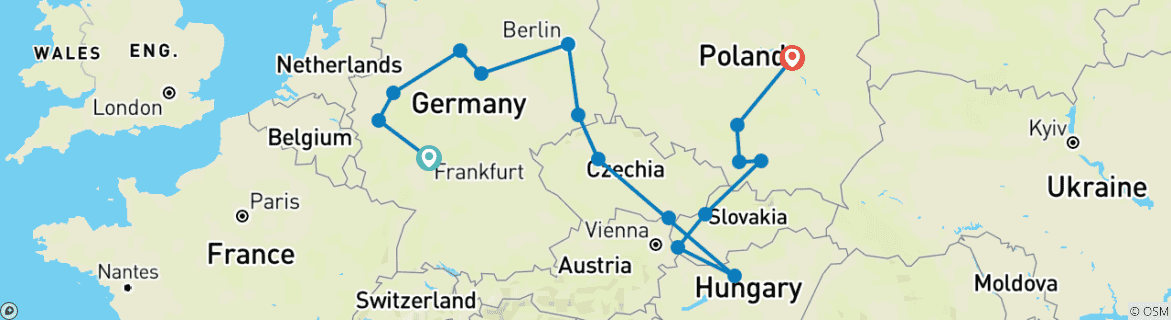 Image of a map showing the route of the tour